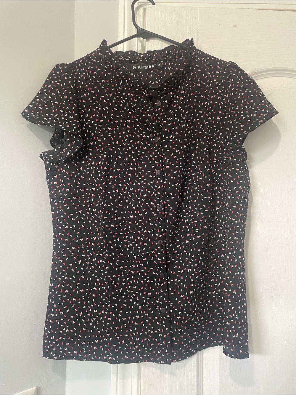 Allegra K Black Short-Sleeve Button-Front Blouse with Pink Dot Print